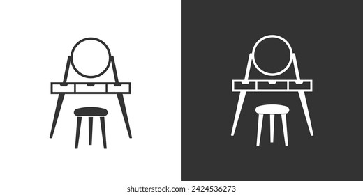 Dressing table with mirrow and chair. Black and white outline. Vector flat icon