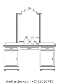 Dressing table and other furniture. Dressing room in outline style. Interior room with mirror vanity makeup and accessories. Vector illustration.