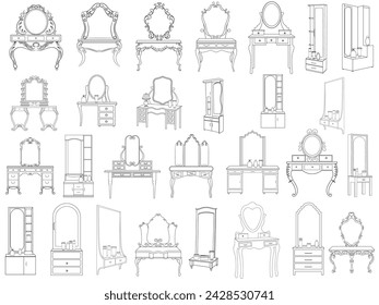 Dressing table and other furniture. Dressing room in outline style. Interior room with mirror vanity makeup and accessories. Vector illustration.