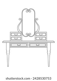 Dressing table and other furniture. Dressing room in outline style. Interior room with mirror vanity makeup and accessories. Vector illustration.