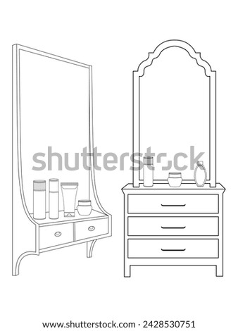 Dressing table and other furniture. Dressing room in outline style. Interior room with mirror vanity makeup and accessories. Vector illustration.