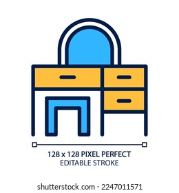 Dressing table pixel perfect RGB color icon. Makeup vanity desk with drawers. Beauty station. Home furniture store. Isolated vector illustration. Simple filled line drawing. Editable stroke