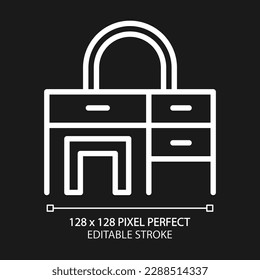 Dressing table pixel perfect white linear icon for dark theme. Makeup desk with drawers. Beauty station. Furniture store. Thin line illustration. Isolated symbol for night mode. Editable stroke