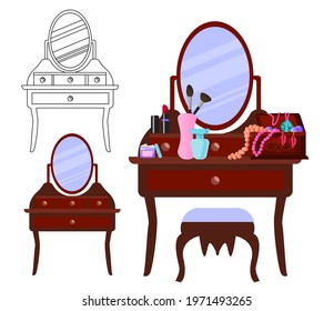 Dressing table with round mirror in vintage style. diagram,  dressing table with cosmetics, makeup brushes, perfume and a comb. Vector illustration in flat and linear style.