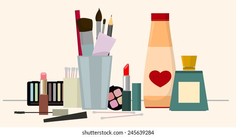Dressing table with set of perfume bottles, tubes and make-up accessories on it