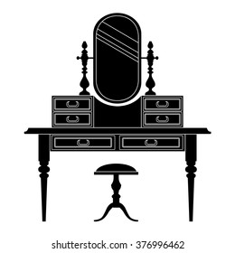Dressing table silhouette. Vector illustration isolated on white background. Furniture for a bedroom or a feminine boudoir.