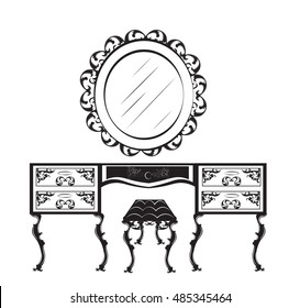 Dressing table silhouette. Vector illustration isolated on white background. Vintage Gothic style dressing table and chair furniture. Hermitage decorated mirror frame