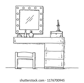 Dressing table in sketch style. Vector illustration is hand drawn.