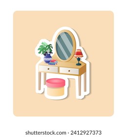 Dressing Table sticker illustration. Mirror, flower, lamp, books, ottoman. Editable vector graphic design.