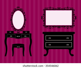 dressing table and vintage table mirror on the background