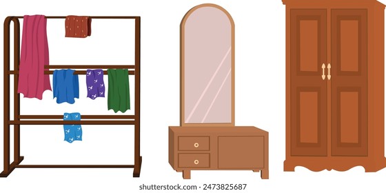 Vestidor, armario y un riel de ropa o estante de diseño plano aislado sobre fondo blanco. Colección de muebles interiores de salón