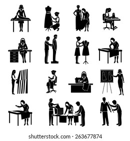 Dressmaker black icons set with tailor and fashion designer with customers isolated vector illustration