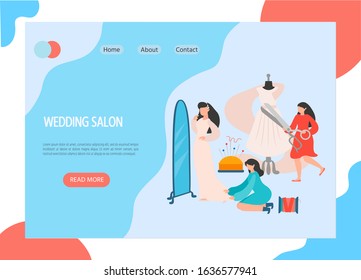 Dressmaker. Bride tries on a wedding dress in the salon. Sewing workshop, atelier, custom clothing with characters working in tailoring shop. Banner, web page