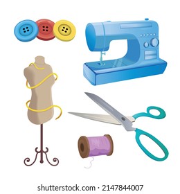 Dressmaker colorful doodle illustrations collection in vector. Colorful dressmaker icons collection. Sewing tools colorful doodle illustrations set.