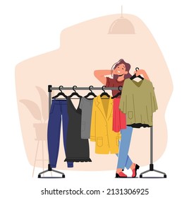 Dressmaker Female Character Perform Apparel Collection on Hanger. Happy Woman Holding Hanger with Trendy Fashionable Blouse in Atelier Studio Interior. Cartoon People Vector Illustration