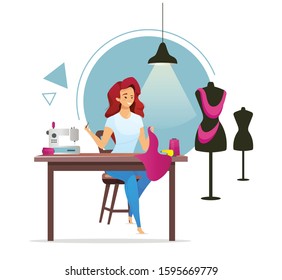Dressmaker flat color vector illustration. Female tailor. Atelier. Fashion designer. Woman sewing clothes. Sewing studio. Seamstress. Girl cutting fabric. Isolated cartoon character on white
