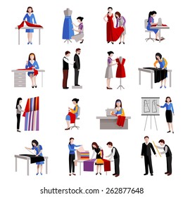 Dressmaker icons set with fashion workers and designer tailoring measuring and sewing isolated vector illustration