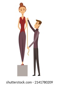 Dressmaker. Male tailoring, measuring and sewing for his customers. Clothing designer work, dressmaking process vector illustration. Custom clothing and accessories