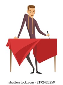 Dressmaker. Male tailoring, measuring and sewing for his customers. Clothing designer work, dressmaking process vector illustration. Custom clothing and accessories