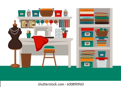 Dressmaker modiste salon workplace or atelier vector flat interior