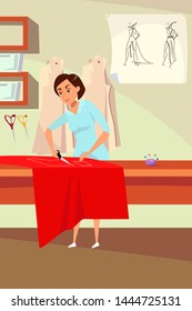 Dressmaker occupation flat vector illustration. Young atelier worker, tailor working with cloth cartoon character. Professional sewing studio, tailoring workshop. Handmade clothing making process