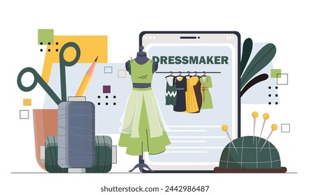 Dressmaker online concept. Dummy with green dress and scissors. Seamstress and atelier, tailoring. Cushion pin with needles. Handmade and handicraft. Cartoon flat vector illustration