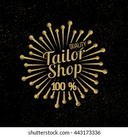 Dressmaker pins logo. Sewing workshop banner. with grunge texture Black and gold