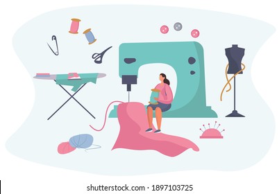 Dressmaker or Seamstress Work with Sewing Machine and Mannequin in Atelier or Home.Huge Sewing Machine.Ironing Cloth.Sewing to Order at Home during Coronavirus.Flat Vector Illustration