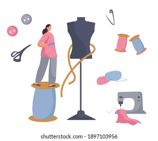 Dressmaker or Seamstress Work with Sewing Machine and Mannequin in Atelier or Home.Professional Tailor or Fashion Designer.Ironing Cloth.Sewing to Order at Home during Coronavirus.Vector Illustration