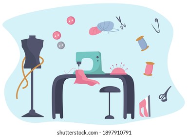 Dressmaker or Seamstress Work with Sewing Machine and Mannequin in Atelier or Home.Professional Tailor or Fashion Designer.Ironing Cloth.Sewing to Order at Home during Coronavirus.Vector Illustration