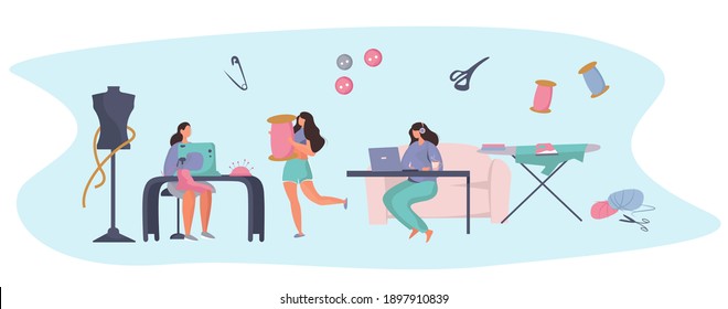 Dressmaker or Seamstress Work with Sewing Machine and Mannequin in Atelier or Home.Professional Tailor or Fashion Designer.Ironing Cloth.Sewing to Order at Home during Coronavirus.Vector Illustration