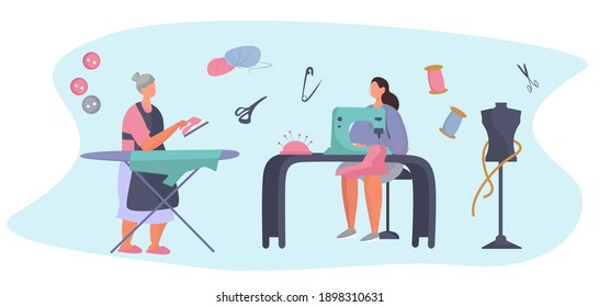 Dressmaker or Seamstress Work with Sewing Machine and Mannequin in Atelier or Home.Professional Tailor or Fashion Designer.Ironing Cloth.Sewing to Order at Home during Coronavirus.Vector Illustration