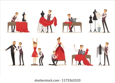 Dressmaker Set, Male Designer Tailoring Measuring And Sewing For His Customers Vector Illustrations