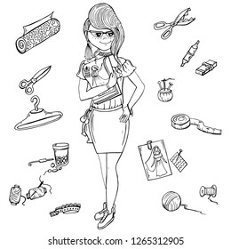 Dressmaker set, male designer tailoring measuring and sewing for his customers vector Illustrations
