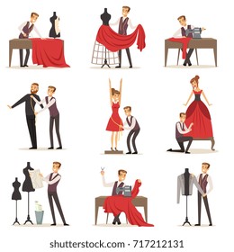 Dressmaker Set, Male Designer Tailoring Measuring And Sewing For His Customers Vector Illustrations