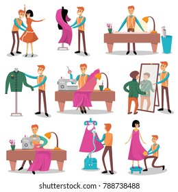 Dressmaker set, male designer tailoring, measuring and sewing for his customers cartoon vector Illustrations