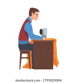 Dressmaker Sewing Clothes by Sewing Machine, Male Clothing Designer Tailor Working at Atelier, Man Sewer Create Outfit Vector Illustration