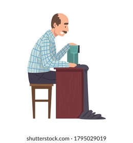 Dressmaker Sewing Clothes by Sewing Machine, Male Clothing Designer Tailor Working at Atelier Vector Illustration