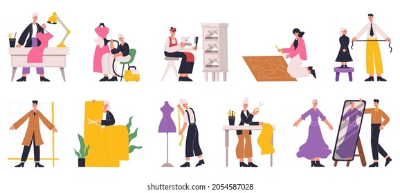 Dressmaker sewing, designer tailoring, characters working in clothes industry. Tailor, seamstress at work vector illustration set. Clothing designer character. Dressmaker and designer work with fabric