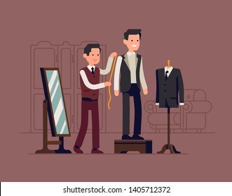 Dressmaker shop concept illustration with tailor measuring client while he stands on fitting platform wearing unfinished suit. Tailored suit atelier scene