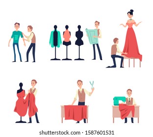 Dressmaker or tailor sewing and working with customers set of people cartoon characters vector illustration isolated on white background. Designers clothing sewing.