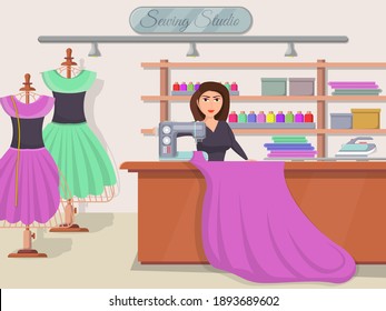 Dressmaker woman working in sewing studio. Clothes designer making dress on sewing machine. Fashion clothes design atelier vector illustration