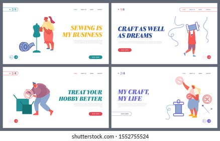Dressmakers Create Outfit and Apparel Website Landing Page Set. Fashion Design and Sewing Hobby. Creative Atelier Tailoring Textile Craft and Job Web Page Banner. Cartoon Flat Vector Illustration