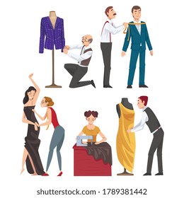 Dressmakers Creating and Sewing Clothes Set, Clothing Designer Tailor Working at Atelier Vector Illustration