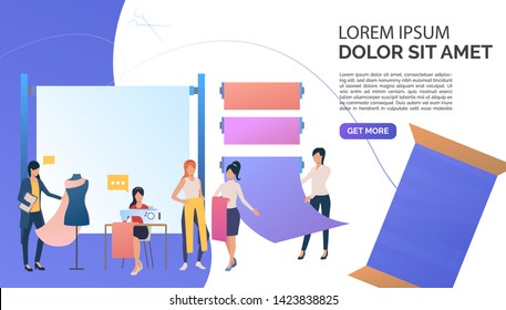 Dressmakers and designers making clothing in tailor shop. Tailoring, fashion, custom clothing concept. Presentation slide template. Vector illustration for topics like business, sewing studio, atelier