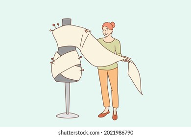 Dressmaking and fashion design concept. Young smiling woman cartoon character standing holding textile for making sewing dress or costume vector illustration 