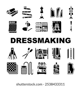 dressmaking fashion fabric sewing icons set vector. couture tailor, hemline silhouette, textile, embroidery draping, pleats, bodice dressmaking fashion fabric sewing glyph pictogram Illustrations