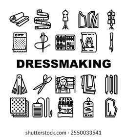 dressmaking fashion fabric sewing icons set vector. couture tailor, hemline silhouette, textile, embroidery draping, pleats, bodice dressmaking fashion fabric sewing black contour illustrations