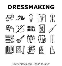 dressmaking fashion sewing style icons set vector. couture tailor, hemline seamstress, silhouette textile, embroidery, draping, pleats dressmaking fashion sewing style black contour illustrations