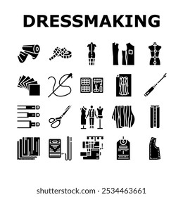 dressmaking fashion sewing style icons set vector. couture tailor, hemline seamstress, silhouette textile, embroidery, draping, pleats dressmaking fashion sewing style glyph pictogram Illustrations